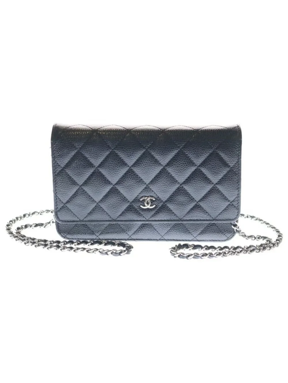 Chanel Quilted Chain Shoulder Wallet Bag Black Caviar Leather Silver